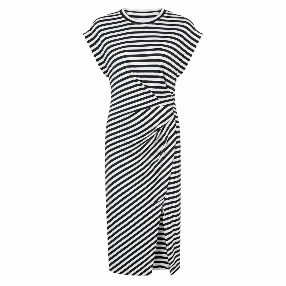 New Halara Midi Dress Womens Medium Black White Striped Ruched Slit Short Sleeve